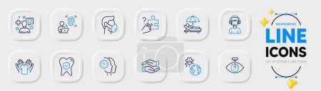 Illustration for Patient, Search puzzle and Dental insurance line icons for web app. Pack of Sunbed, Computer fingerprint, Hold t-shirt pictogram icons. Consultant, Medical mask, Fraud signs. Vector - Royalty Free Image