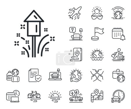 Illustration for Christmas or New year rocket sign. Plane jet, travel map and baggage claim outline icons. Fireworks line icon. Pyrotechnic symbol. Fireworks line sign. Car rental, taxi transport icon. Vector - Royalty Free Image