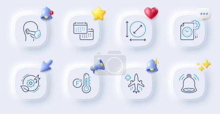 Illustration for Fahrenheit thermometer, Project deadline and Green energy line icons. Buttons with 3d bell, chat speech, cursor. Pack of Medical mask, Circle area, Calendar icon. Vector - Royalty Free Image