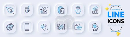 Illustration for Ship, Cardio training and Inspect line icons for web app. Pack of Pizza, Seafood, Smartphone pictogram icons. Anxiety, Leaf, Coffee cup signs. Ranking stars, Sale bags, Passenger. Vector - Royalty Free Image