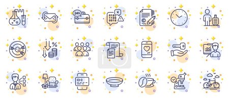 Illustration for Outline set of Documents, Presentation and Deflation line icons for web app. Include Baggage, Dish, 24h service pictogram icons. Card, Group, Time signs. Third party, Buying house, Love chat. Vector - Royalty Free Image