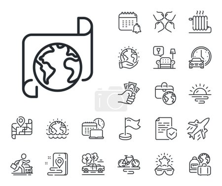 Illustration for Translation service sign. Plane jet, travel map and baggage claim outline icons. Global business documents line icon. Internet marketing symbol. Translation service line sign. Vector - Royalty Free Image
