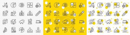 Illustration for Outline Puzzle, 3d chart and Silicon mineral line icons pack for web with Waterproof, Charging station, Power info line icon. World water, Augmented reality, Pencil pictogram icon. Vector - Royalty Free Image