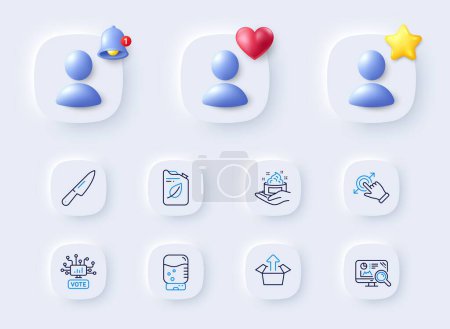 Illustration for Seo analytics, Water cooler and Touchscreen gesture line icons. Placeholder with 3d bell, star, heart. Pack of Knife, Send box, Skin care icon. Canister, Online voting pictogram. Vector - Royalty Free Image