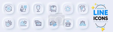 Illustration for Buy car, Star and Coffee cup line icons for web app. Pack of Box size, Decreasing graph, Leadership pictogram icons. Beer glass, Photo album, Business meeting signs. Neumorphic buttons. Vector - Royalty Free Image