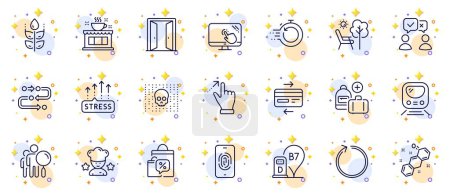 Illustration for Outline set of Touch screen, Stress grows and Sale bags line icons for web app. Include Metro, Open door, Search people pictogram icons. Gluten free, Credit card, Deckchair signs. Vector - Royalty Free Image