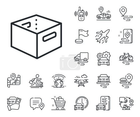 Illustration for Delivery parcel sign. Plane, supply chain and place location outline icons. Office box line icon. Cargo package symbol. Office box line sign. Taxi transport, rent a bike icon. Travel map. Vector - Royalty Free Image