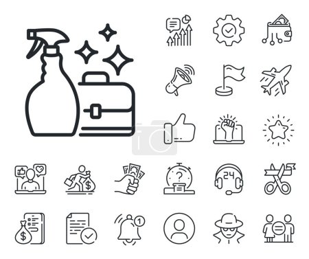Illustration for Washing liquid or Cleanser symbol. Salaryman, gender equality and alert bell outline icons. Cleaning spray line icon. Housekeeping service sign. Cleanser spray line sign. Vector - Royalty Free Image