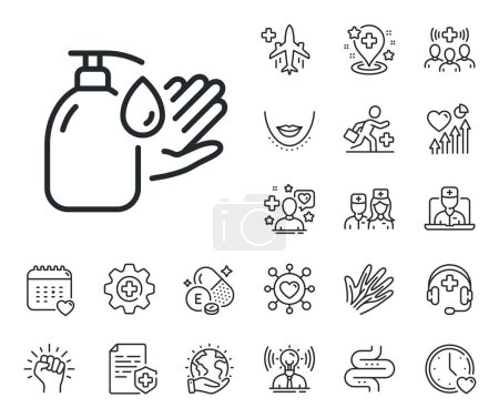 Illustration for Covid hygiene sign. Online doctor, patient and medicine outline icons. Wash hands line icon. Washing liquid symbol. Wash hands line sign. Veins, nerves and cosmetic procedure icon. Intestine. Vector - Royalty Free Image