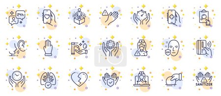 Illustration for Outline set of Employee hand, Nurse and Lungs line icons for web app. Include Telemedicine, Three fingers, Donate pictogram icons. Dating app, Dont touch, Timer signs. Consulting. Vector - Royalty Free Image