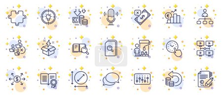 Illustration for Outline set of Microphone, Creative idea and Remove team line icons for web app. Include Cash back, Deflation, Dj controller pictogram icons. Time management, Idea, Dollar exchange signs. Vector - Royalty Free Image
