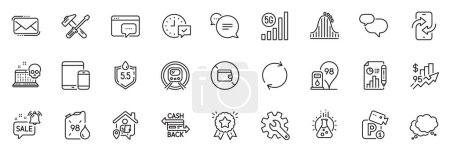 Illustration for Icons pack as Wallet, Phone transfer and Customisation line icons for app include Seo message, Chat message, Parking security outline thin icon web set. Work home, Rise price. Vector - Royalty Free Image