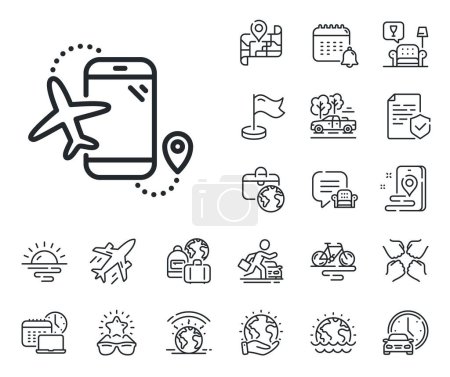 Illustration for Airplane phone app sign. Plane jet, travel map and baggage claim outline icons. Flights application line icon. Airport information symbol. Flights application line sign. Vector - Royalty Free Image