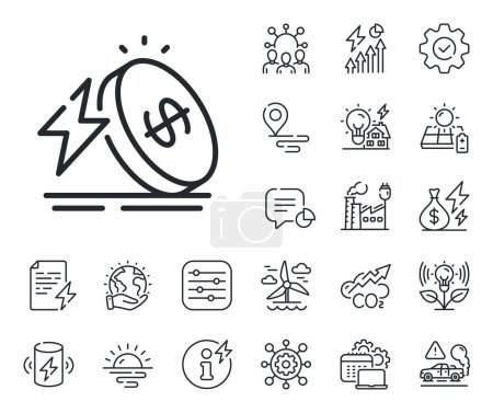 Illustration for Electric power sign. Energy, Co2 exhaust and solar panel outline icons. Energy price line icon. Rising cost symbol. Energy price line sign. Eco electric or wind power icon. Green planet. Vector - Royalty Free Image