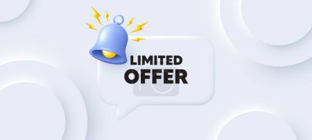 Illustration for Limited offer tag. Neumorphic background with chat speech bubble. Special promo sign. Sale promotion symbol. Limited offer speech message. Banner with bell. Vector - Royalty Free Image