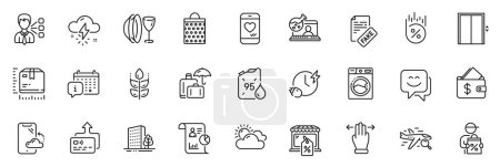 Illustration for Icons pack as Smile face, Sunny weather and Third party line icons for app include Fake news, Gluten free, Package size outline thin icon web set. Calendar, Buildings, Lift pictogram. Vector - Royalty Free Image
