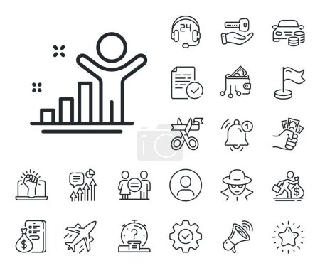 Illustration for Best results sign. Salaryman, gender equality and alert bell outline icons. Winner line icon. First place symbol. Winner line sign. Spy or profile placeholder icon. Online support, strike. Vector - Royalty Free Image