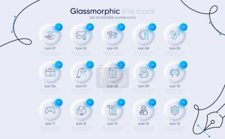 Illustration for Set of Fluorine mineral, Jobless and Feather line icons for web app. Dish, Verified mail, Consolidation icons. Security lock, Woman read, Phone message signs. Stand lamp, Thumb down, Gamepad. Vector - Royalty Free Image