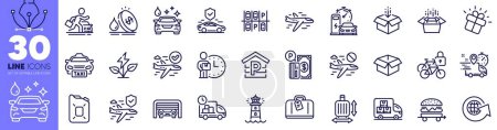 Illustration for Parking, Opened box and Parking place line icons pack. Hand baggage, Get box, Delivery man web icon. Delivery, Eco power, Taxi pictogram. Charging station, Cancel flight, World globe. Vector - Royalty Free Image