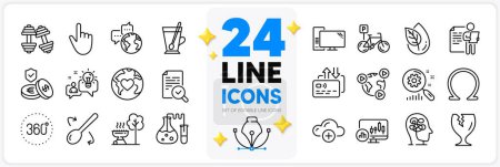 Illustration for Icons set of Computer, Candlestick chart and Inspect line icons pack for app with Dumbbells, Tea mug, Cursor thin outline icon. Donation, Card, Savings insurance pictogram. 360 degrees. Vector - Royalty Free Image