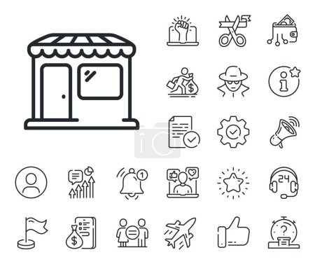 Illustration for Wholesale store sign. Salaryman, gender equality and alert bell outline icons. Market line icon. Retail marketplace symbol. Market line sign. Spy or profile placeholder icon. Vector - Royalty Free Image