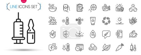 Illustration for Pack of Sun protection, Sunscreen and Stress line icons. Include Vegetables, Cardio calendar, Veins pictogram icons. Basketball, Medical vaccination, Weather thermometer signs. Vector - Royalty Free Image