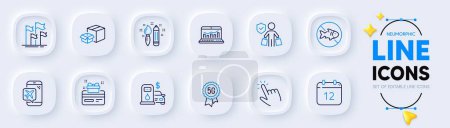 Illustration for Stop fishing, Annual calendar and Buyer insurance line icons for web app. Pack of Flight mode, Creativity, Cursor pictogram icons. Loyalty card, Web analytics, Filling station signs. Vector - Royalty Free Image