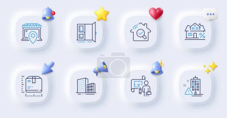 Illustration for Building warning, Open door and Package size line icons. Buttons with 3d bell, chat speech, cursor. Pack of Mortgage, Market location, Inspect icon. Plan, Buildings pictogram. Vector - Royalty Free Image