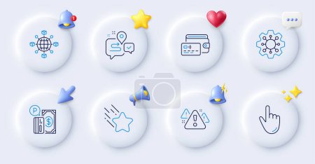 Illustration for Execute, Journey and Wallet line icons. Buttons with 3d bell, chat speech, cursor. Pack of Cursor, Falling star, Parking payment icon. Warning, Logistics network pictogram. Vector - Royalty Free Image