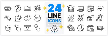Illustration for Icons set of Brand contract, Professional and Human resources line icons pack for app with Love mail, Business statistics, Food market thin outline icon. Calendar, Report, Smile pictogram. Vector - Royalty Free Image
