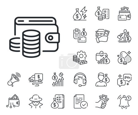 Illustration for Cash coins sign. Cash money, loan and mortgage outline icons. Wallet money line icon. Business income symbol. Wallet money line sign. Credit card, crypto wallet icon. Inflation, job salary. Vector - Royalty Free Image