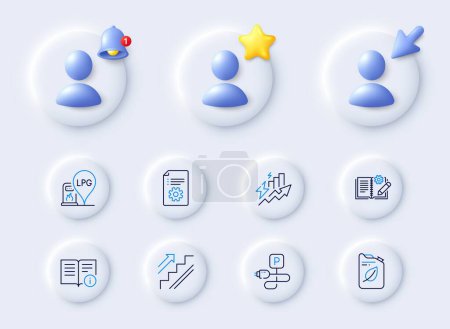 Illustration for Technical info, Canister and Consumption growth line icons. Placeholder with 3d cursor, bell, star. Pack of Stairs, Charging parking, Technical documentation icon. Vector - Royalty Free Image