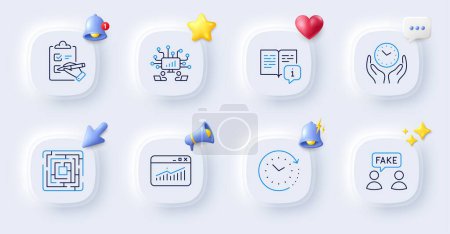 Illustration for Teamwork, Checklist and Fake information line icons. Buttons with 3d bell, chat speech, cursor. Pack of Website statistics, Time change, Manual icon. Maze, Safe time pictogram. Vector - Royalty Free Image