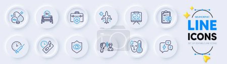 Illustration for Manganese mineral, Medical flight and Vision board line icons for web app. Pack of Stress, Eu close borders, Medical insurance pictogram icons. Vaccination schedule. Neumorphic buttons. Vector - Royalty Free Image