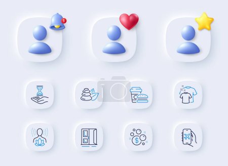 Illustration for Clean t-shirt, Launder money and Open door line icons. Placeholder with 3d bell, star, heart. Pack of Flight mode, Yoga balance, Spa stones icon. Time hourglass, Fast food pictogram. Vector - Royalty Free Image
