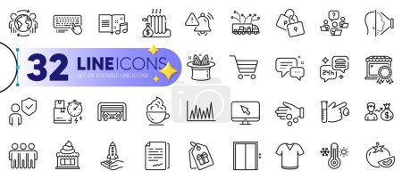 Illustration for Outline set of Coffee cup, Truck delivery and Parking garage line icons for web with Teamwork question, Locks, Internet thin icon. Food delivery, Employees messenger, Ice cream pictogram icon. Vector - Royalty Free Image