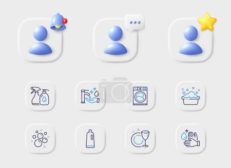 Illustration for Shampoo, Clean bubbles and Cleaning liquids line icons. Placeholder with 3d star, reminder bell, chat. Pack of Wash hands, Hand washing, Dish plate icon. Washing machine pictogram. Vector - Royalty Free Image