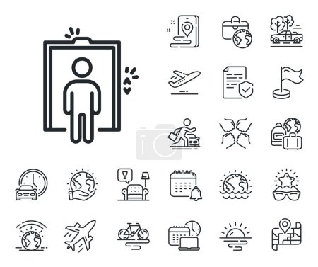 Illustration for Elevator sign. Plane jet, travel map and baggage claim outline icons. Lift line icon. Transportation between floors symbol. Elevator line sign. Car rental, taxi transport icon. Place location. Vector - Royalty Free Image