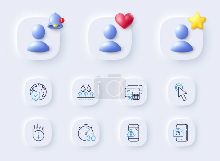 Illustration for Waterproof, Phone photo and Timer line icons. Placeholder with 3d bell, star, heart. Pack of Scroll down, Money calculator, Cursor icon. World insurance, Warning message pictogram. Vector - Royalty Free Image