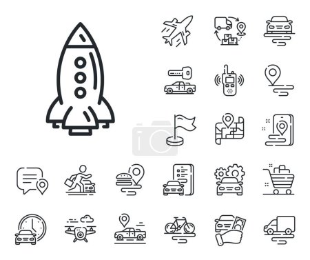 Illustration for Spaceship transport sign. Plane, supply chain and place location outline icons. Rocket line icon. Aircraft symbol. Rocket line sign. Taxi transport, rent a bike icon. Travel map. Vector - Royalty Free Image