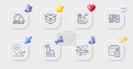 Illustration for Open box, Lighthouse and Packing things line icons. Buttons with 3d bell, chat speech, cursor. Pack of Luggage belt, Parking place, Journey icon. Honeymoon travel, Baggage calendar pictogram. Vector - Royalty Free Image