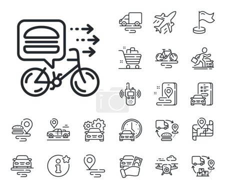 Illustration for Bike courier sign. Plane, supply chain and place location outline icons. Food delivery line icon. Catering service symbol. Food delivery line sign. Taxi transport, rent a bike icon. Travel map. Vector - Royalty Free Image