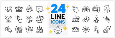 Illustration for Icons set of Smile face, Love gift and Income money line icons pack for app with Networking, Medical mask, Inspect thin outline icon. Helping hand, Salary employees, Fair trade pictogram. Vector - Royalty Free Image
