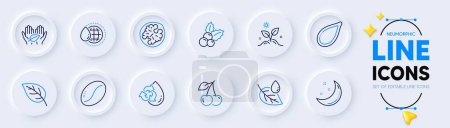 Illustration for Moon stars, Pumpkin seed and Coffee beans line icons for web app. Pack of Christmas holly, Leaf dew, Cherry pictogram icons. Leaf, Walnut, Grow plant signs. World water, Recycle water. Vector - Royalty Free Image