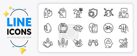 Illustration for Sunscreen, World vaccination and Coronavirus line icons set for app include Bicycle prohibited, No alcohol, Dont touch outline thin icon. Fitness water, Conjunctivitis eye. Vector - Royalty Free Image