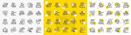 Illustration for Deal hammer, bid offer and law justice act set. Auction line icons. Judge gawel, vote hand and bid price line icons. Win a lot, online auction and act hammer. Stock exchange deal. Vector - Royalty Free Image