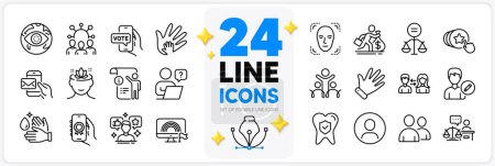 Icons set of Cyber attack, Online voting and Manual doc line icons pack for app with Online question, Court judge, Users thin outline icon. Herz halten, Gehalt, Yoga-Piktogramm. Vektor