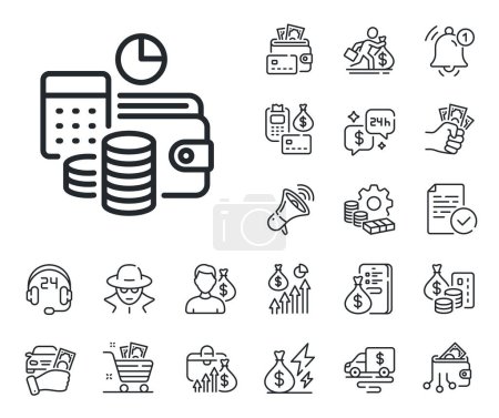 Illustration for Finance management sign. Cash money, loan and mortgage outline icons. Budget accounting line icon. Business economy symbol. Budget accounting line sign. Credit card, crypto wallet icon. Vector - Royalty Free Image