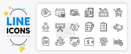Illustration for Clipboard, Wallet and Discount line icons set for app include Growth chart, Survey checklist, Money tax outline thin icon. Online payment, Loyalty points, Dollar exchange pictogram icon. Vector - Royalty Free Image