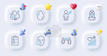 Illustration for Face attention, Nurse and Heart beat line icons. Buttons with 3d bell, chat speech, cursor. Pack of Checklist, People vaccination, Zinc mineral icon. Social distancing, Vitamin e pictogram. Vector - Royalty Free Image